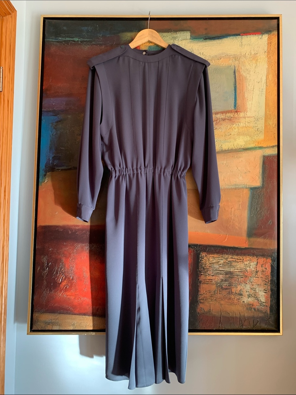 VTG 80s Lorraine Beauchamp Dark Green Midi Dress with Epaulets, Sz 6